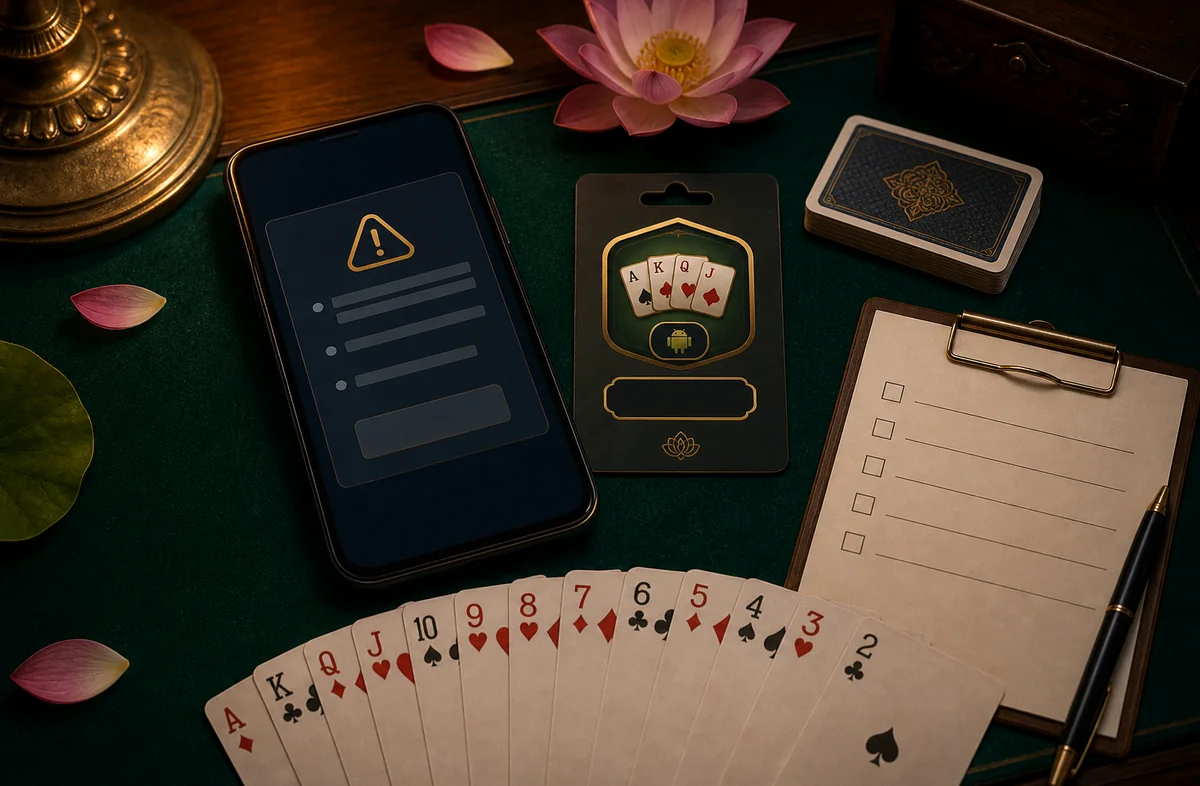 YonoAPKBonus APK install troubleshooting guide with a phone, physical cards and a textured game table